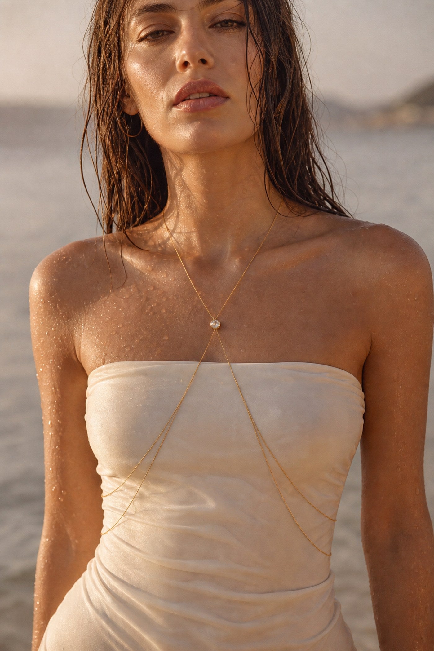 Mandelina No.01 vertical line - waterproof gold body chain
